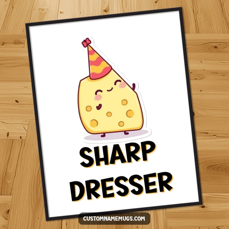 Funny Poster: Jolly cheese wedge attempting to balance a tiny party hat, perfect for food-themed humorous decor.