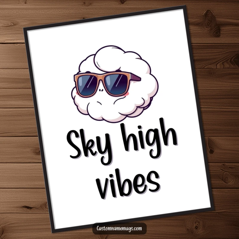 Funny poster of a fluffy cloud comically floating away wearing oversized sunglasses, symbolizing a humorous, carefree escape.