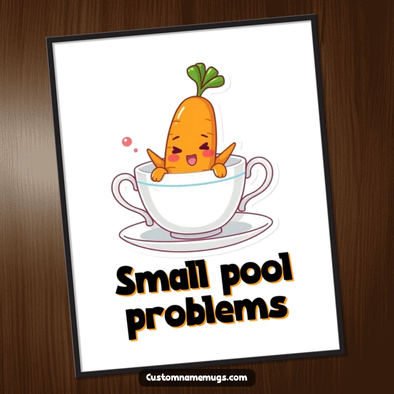 Funny poster of a cheerful carrot character comically swimming in a teacup, adding a touch of whimsical humor to wall decor.