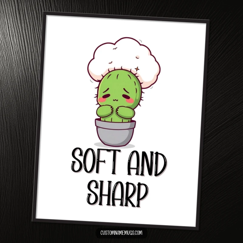Funny Kawaii cactus character looking uncomfortable hugging a fluffy cloud, a humorous poster for home decor.