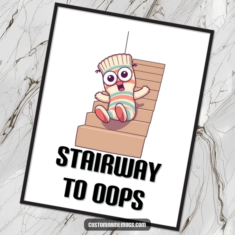 Funny poster print of a goofy sock character with mismatched eyes hilariously falling down a flight of stairs, creating a comical and eye-catching artwork.
