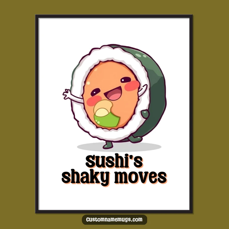 Funny Sushi Cartwheel Poster: Whimsical Character Art for Kitchen Decor