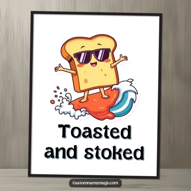 Funny poster of a toast character wearing sunglasses, surfing a giant wave of jam, creating a humorous and epic breakfast-themed art piece.