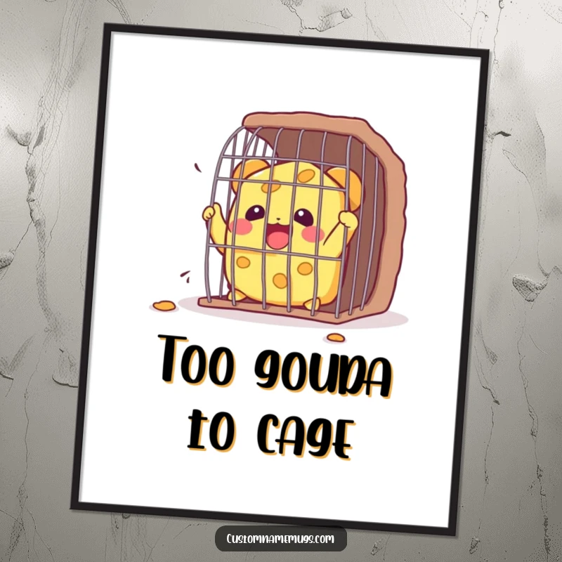 Funny Kawaii cheese character triumphantly escaping a tiny cage, a humorous poster perfect for kitchens and foodie spaces.