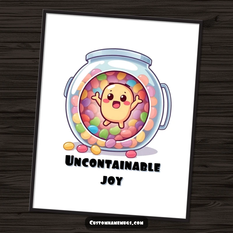 Funny poster of a surprised jellybean character comically bouncing out of a large candy jar, ideal for adding humorous wall decor.
