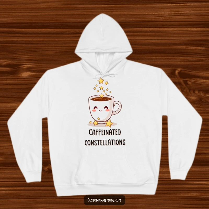Funny coffee cup hoodie, a smiling cup pouring sparkling stars, cozy and magical for everyday wear.