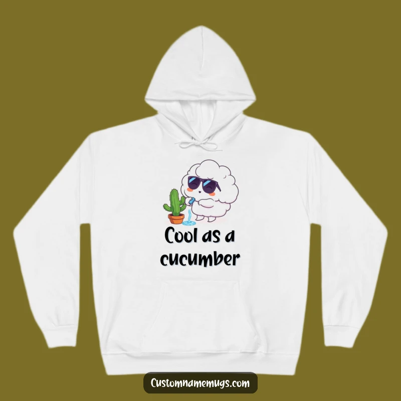 Funny Cozy Hoodie: Cloud Character Cactus Watering, Warm and Whimsical Casual Wear