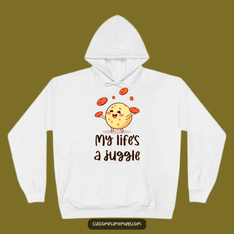 Funny Cheese Juggling Hoodie: Cozy & Whimsical Pepperoni Toss Sweatshirt Gift