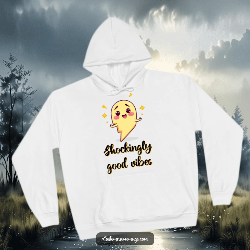 Funny hoodie featuring a smiling, clumsy lightning bolt character comically zapping himself, a warm and humorous gift idea.