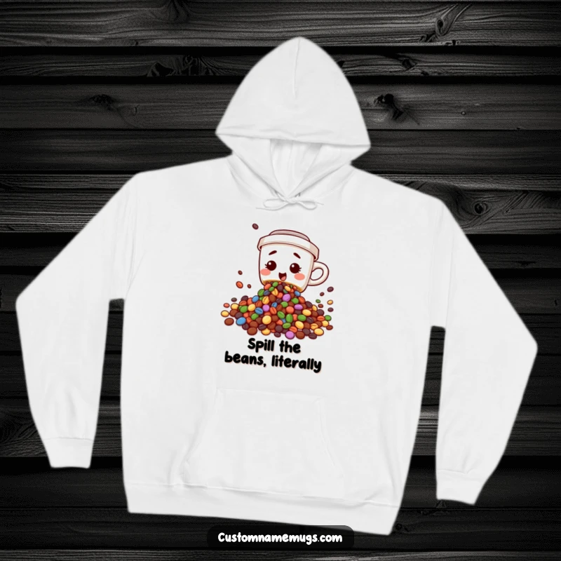 Funny hoodie featuring a cute, clumsy coffee cup character spilling colorful beans, perfect for cozy and comical wear.