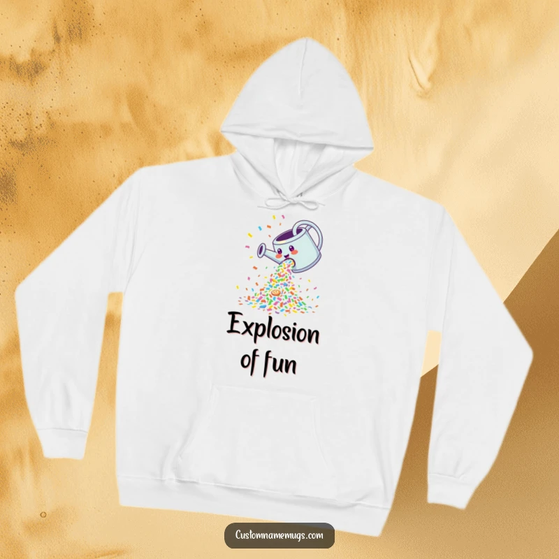 Funny Hoodie: Giggling watering can pouring a cascade of colorful confetti, cozy and celebratory apparel.
