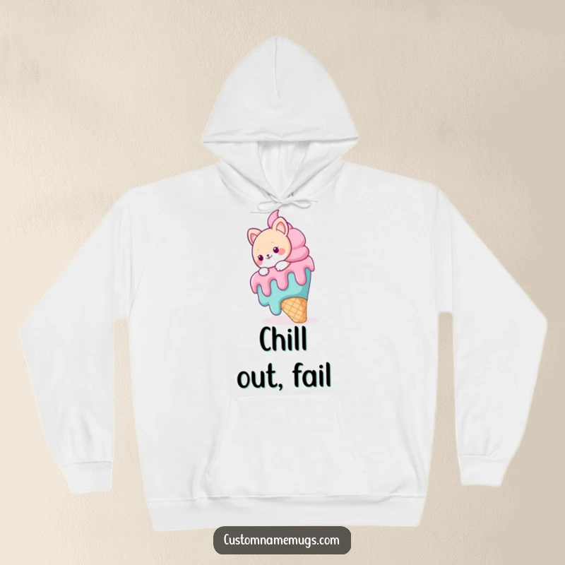 Funny hoodie featuring a cute animal character hilariously slipping on a gigantic, melting ice cream cone, perfect for cool, comfy days.