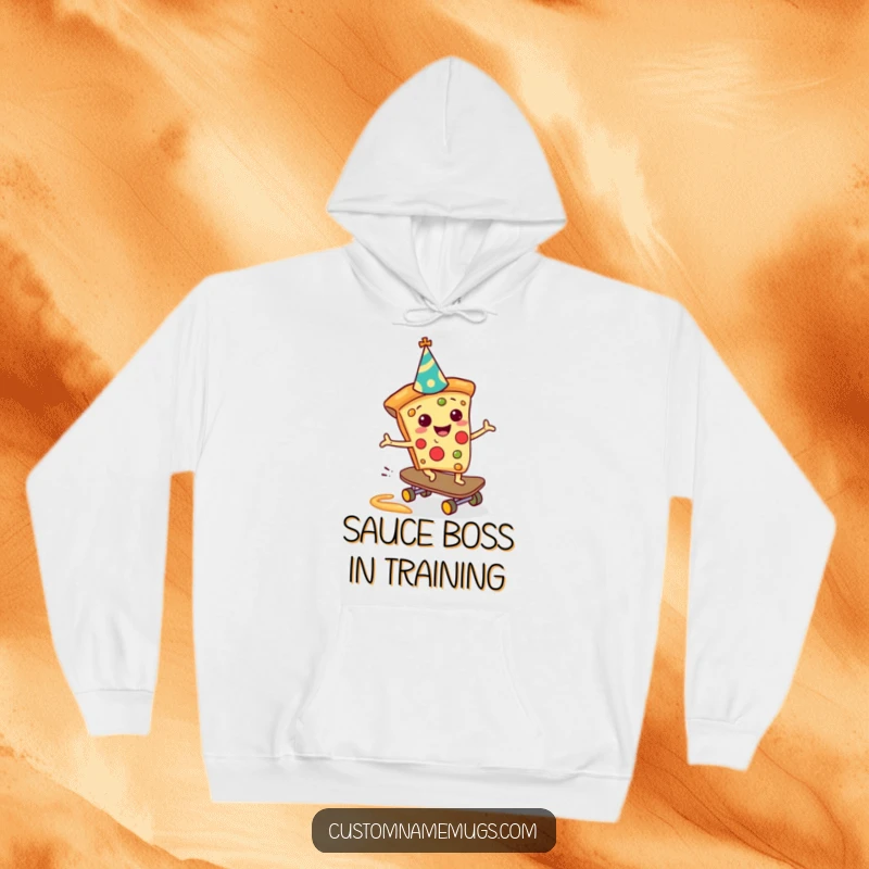 Funny Pizza Skateboarder Hoodie: A cheerful pizza slice on a skateboard navigating a sauce slide, ideal for a cozy funny gift.