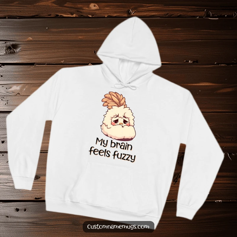 Funny Slipper Hoodie: A bewildered fluffy slipper with a giant feather, offering cozy humor and a fantastic funny gift option.
