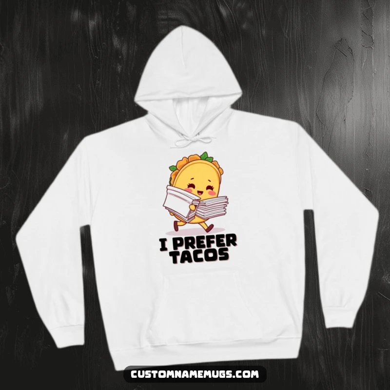 Funny hoodie depicting a blushing taco character comically tripping with a giant stack of papers, perfect for cozy, humorous self-expression.