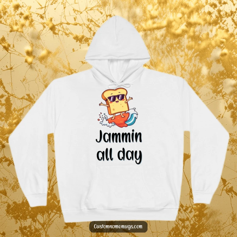 Funny hoodie depicting a toast character with sunglasses surfing a massive jam wave, offering warmth and humorous beach vibes.