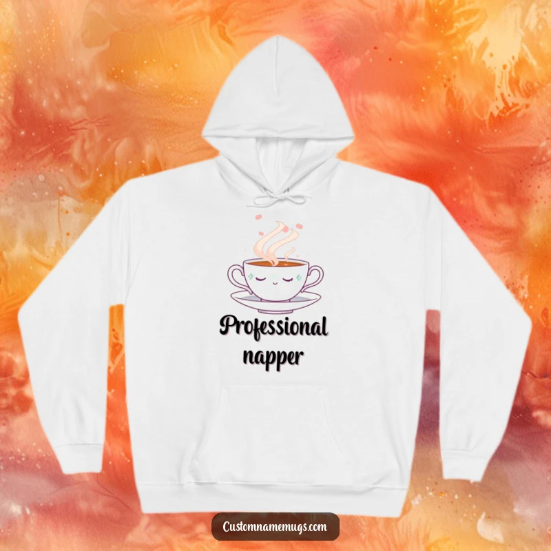 Funny Napping Teacup Hoodie: Warm, hooded sweatshirt displaying a cute teacup slumbering peacefully within a swirling cloud of steam, a funny cozy essential.