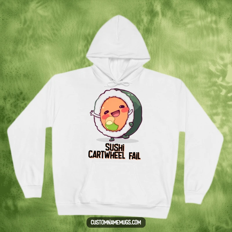 Funny hoodie featuring a happy sushi roll character doing a cartwheel and nearly falling apart, perfect for cozy, humorous wear.