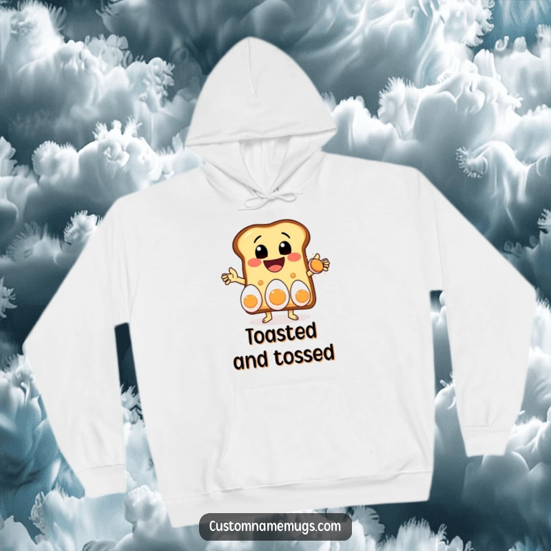 Funny hoodie featuring a delighted toast character with a massive grin, skillfully juggling three eggs, bringing warm humor to chilly days.