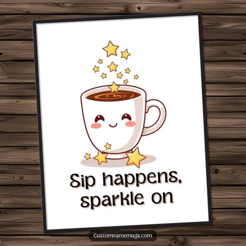 Funny Free Printable Coffee Wall Art depicts a smiling coffee cup pouring a cascade of sparkling stars, ideal for magical decor.