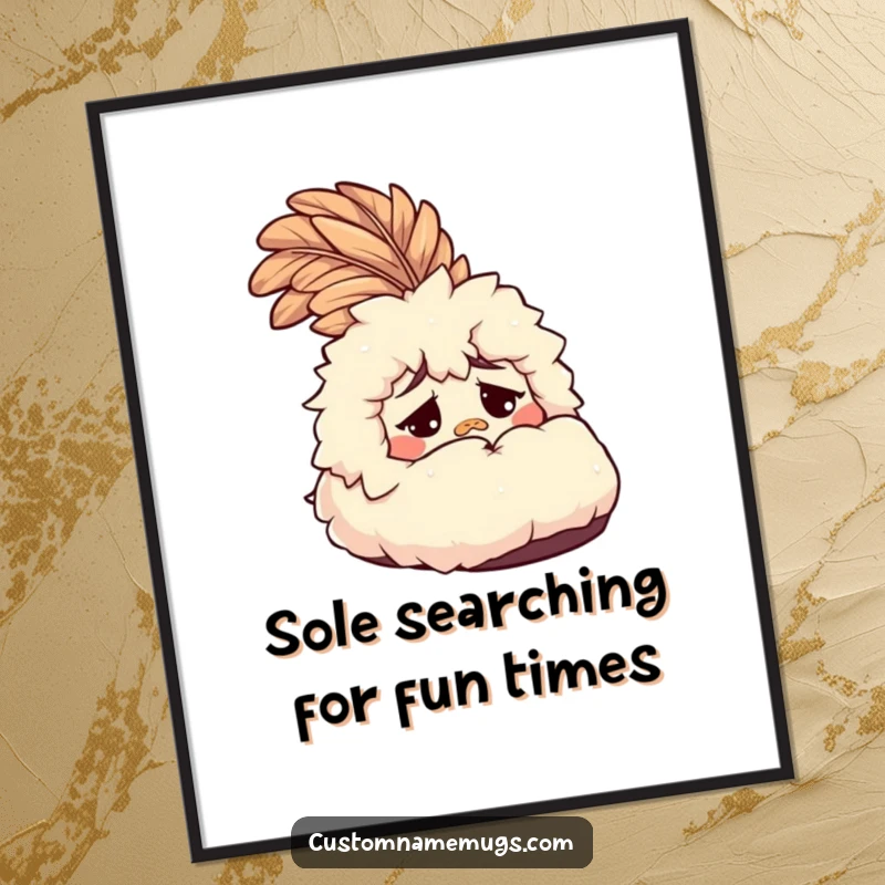 Funny Free Printable confused fluffy slipper wall art with a giant feather, looking lost. DIY downloadable decor.