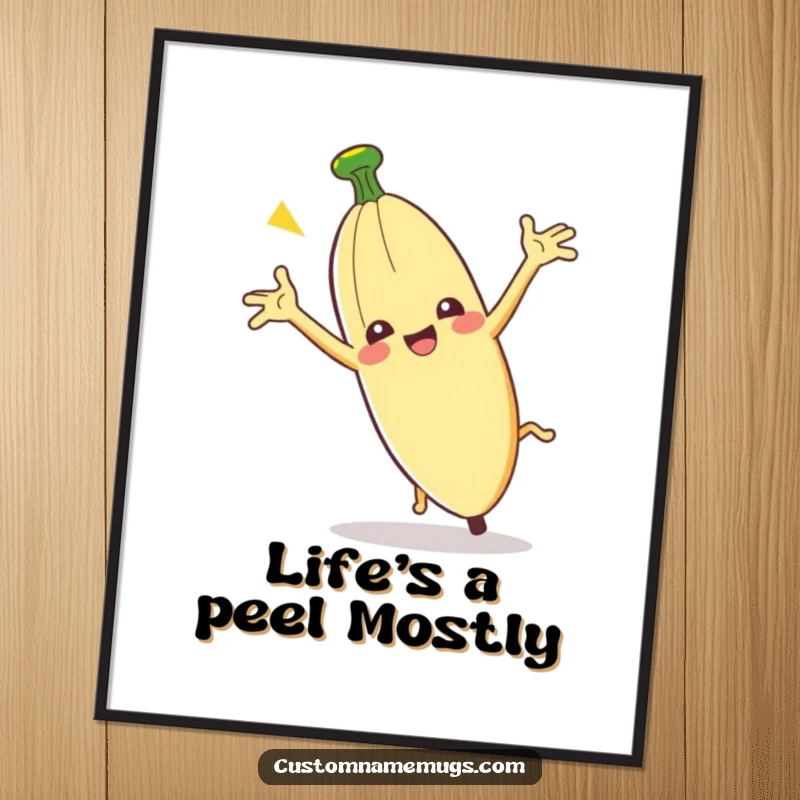 Funny Free Printable Wall Art: A clumsy banana peel character comically slipping on itself with arms flailing wildly, a classic gag.