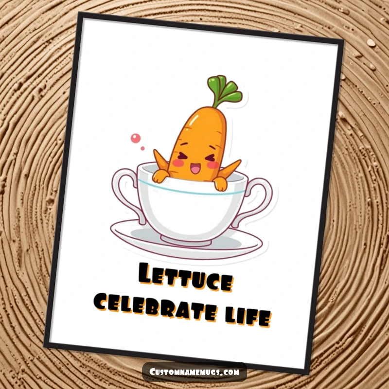 Funny Free Printable Wall Art: A cheerful carrot character comically attempts to swim in a teacup, bringing whimsy to decor.