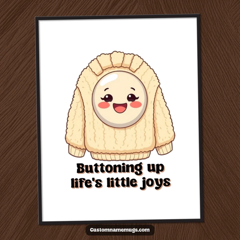 Funny Free Printable Wall Art: Overjoyed button stuck fast on a massive, textured fuzzy sweater, creating quirky decor.