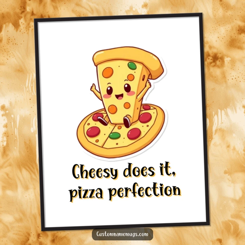 Funny Free Printable Wall Art: Cheese slice proudly falling into a giant pizza, humorous and appetizing cartoon decor.