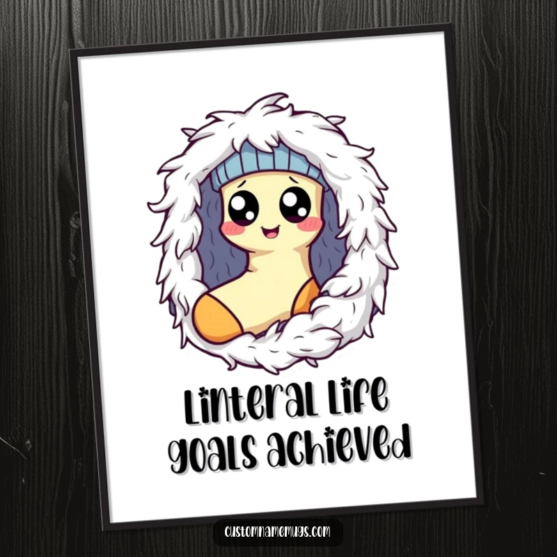 Funny free printable wall art: Kawaii sock character with googly eyes trapped inside a menacing dryer lint monster.