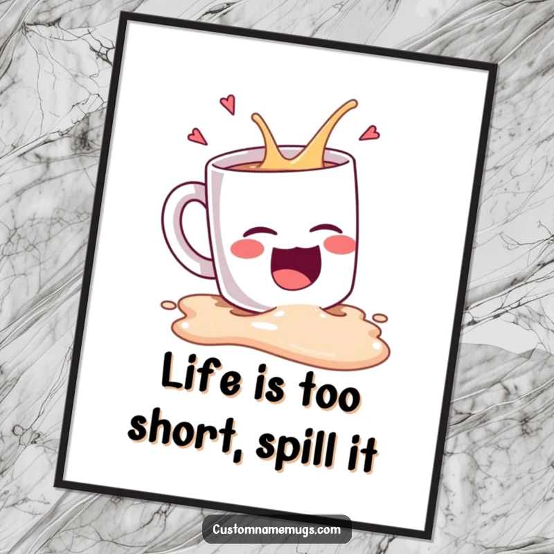 Funny free printable wall art: A Kawaii coffee mug persona spilling its contents while overcome with uncontrollable, hysterical laughter.