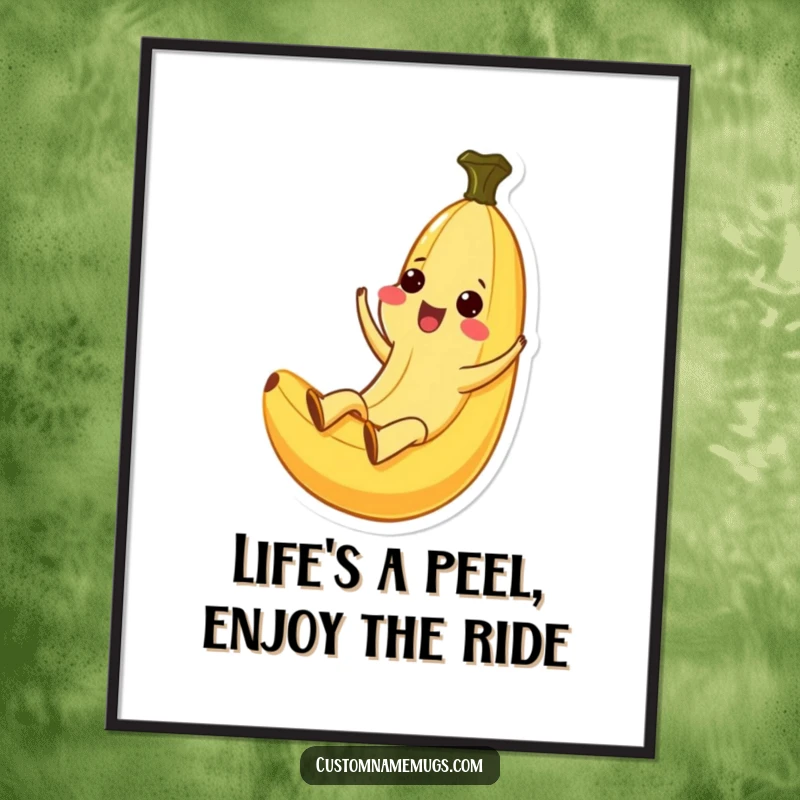 Funny Free Printable Wall Art: Ecstatic Kawaii banana character gleefully sliding down its own peel.