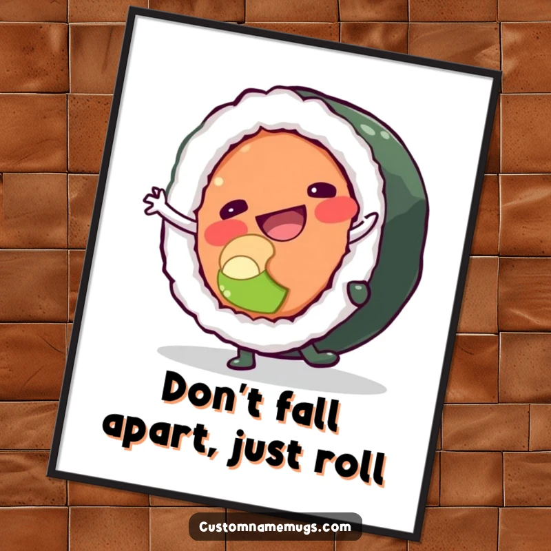 Funny free printable wall art featuring a sushi roll character attempting a cartwheel, looking wobbly and hilarious.