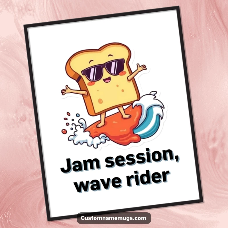 Funny Free Printable Wall Art: A toast character wearing sunglasses surfs a massive wave made of jam.