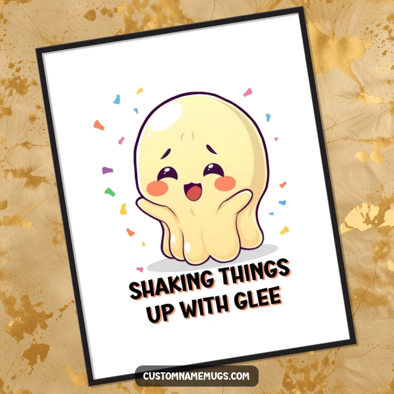 Funny Free Printable wobbly jelly character with bewildered joy, catching falling confetti. DIY downloadable decor.