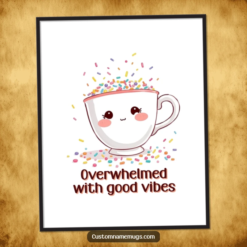 Funny Free Printable Wall Art: A shy teacup with rosy cheeks is overwhelmed by a flood of tiny, colorful sprinkles, creating a chaotic scene.