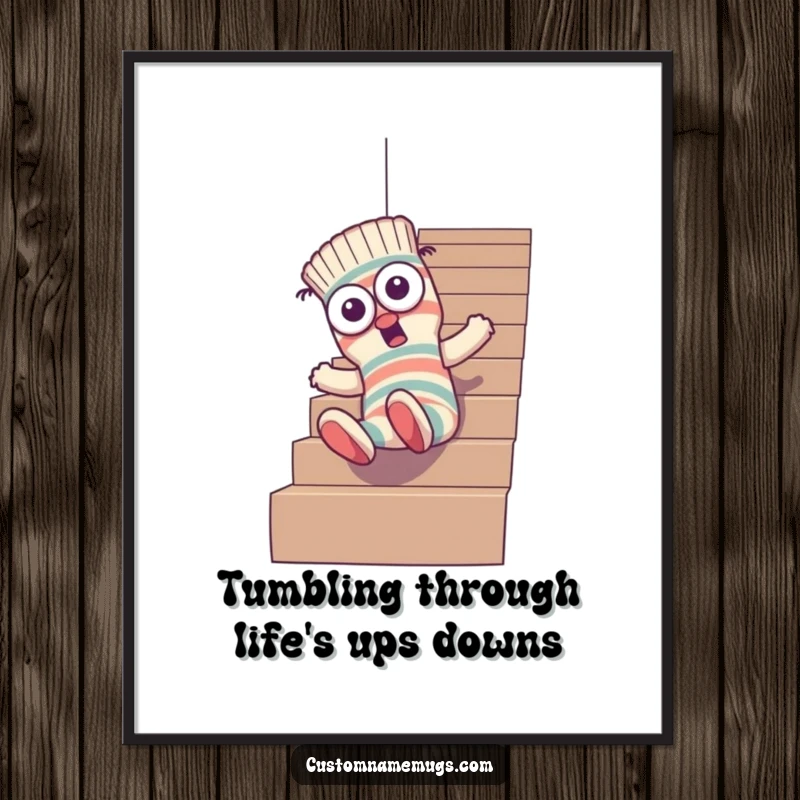 Funny Free Printable Wall Art: A goofy sock character with mismatched eyes tumbling end over end down stairs.