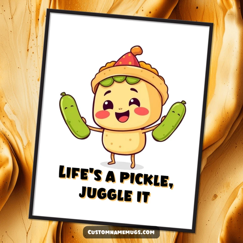 Funny Free Printable Wall Art: A smiling taco character wearing a tiny party hat, enthusiastically juggling three comically large pickles.