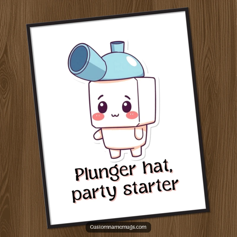 Funny Free Printable Wall Art: Blocky character looks confused but happy wearing a plunger as a hat.