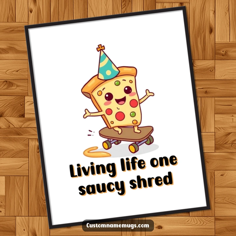 Funny Free Printable cheerful pizza slice with party hat, skateboarding down a sauce slide. DIY downloadable decor.