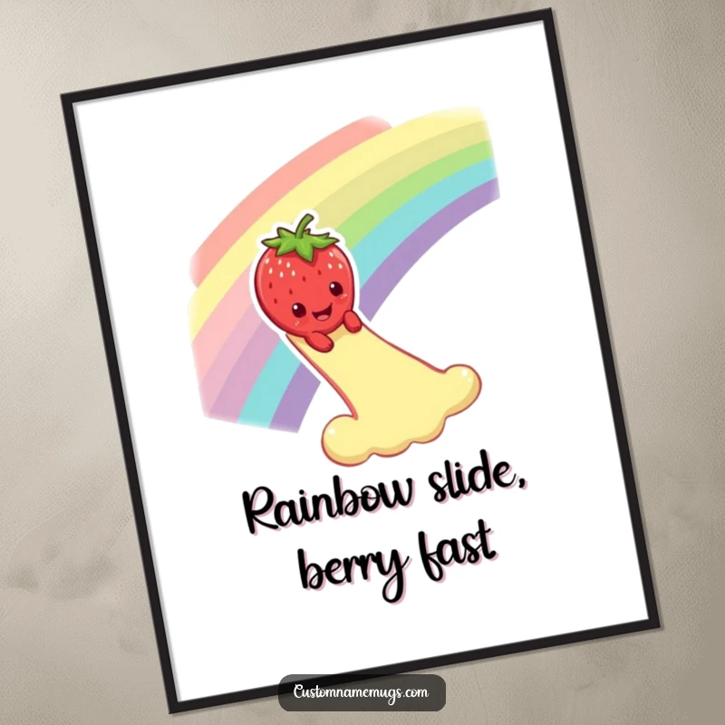 Funny Free Printable Wall Art: A smiling strawberry character dramatically sliding down a bright, colorful rainbow.