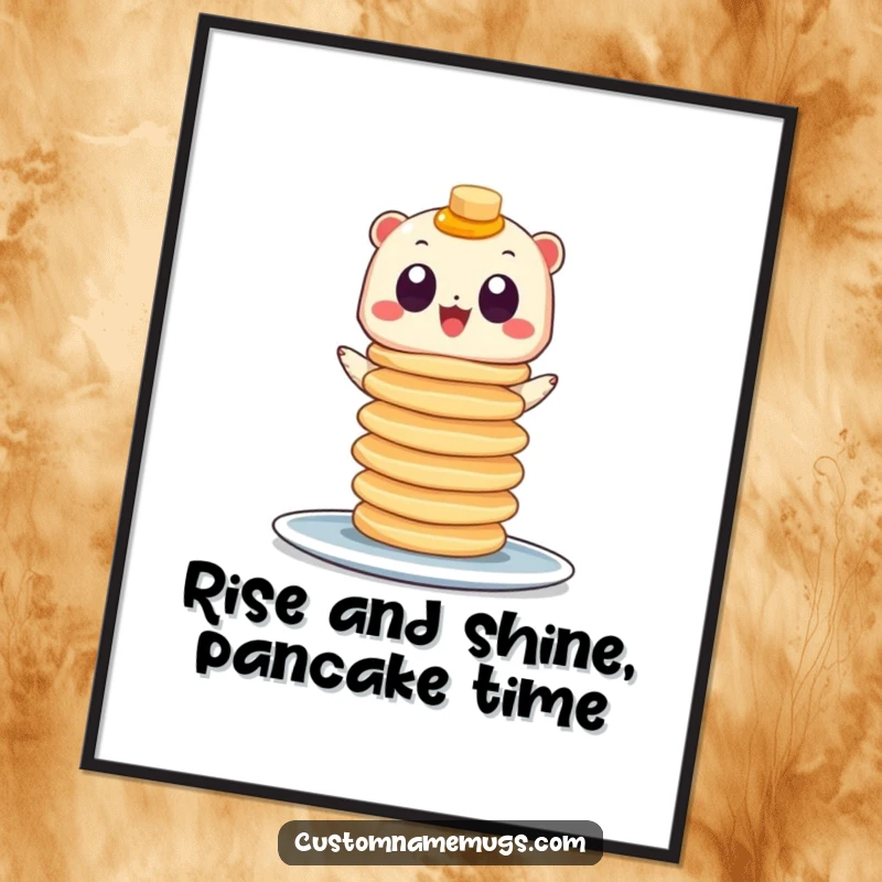 Funny Free Printable Wall Art: A googly-eyed creature comically balancing a massive stack of pancakes, a whimsical decor piece.