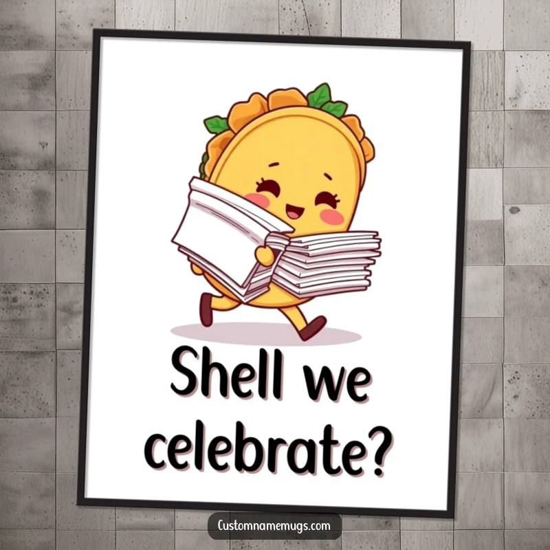 Funny Free Printable Wall Art: A blushing taco character comically trips holding papers, adding humor to any space.