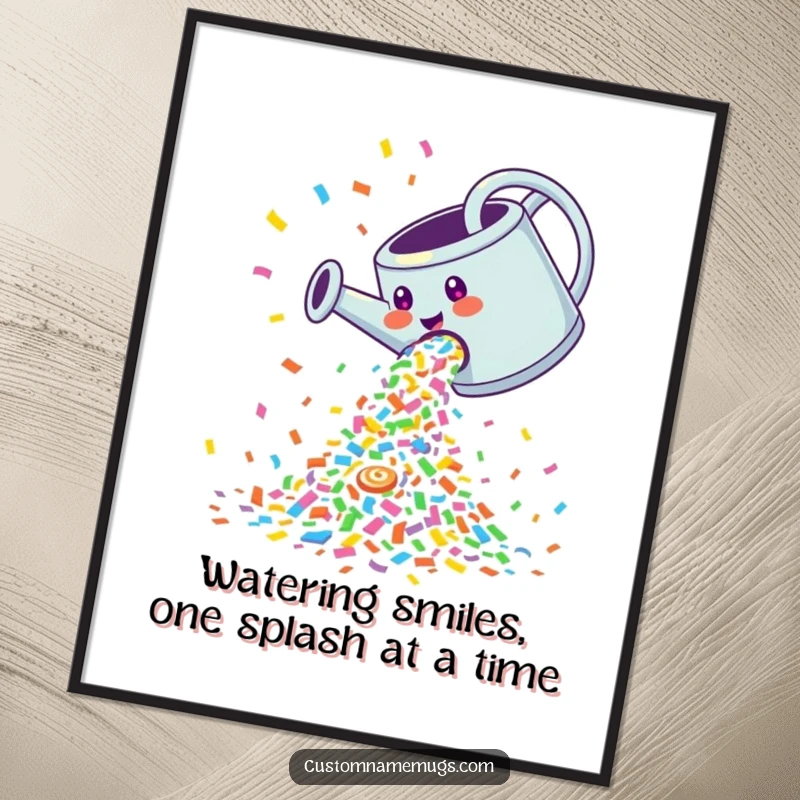 Funny Free Printable Wall Art: Giddy watering can joyfully pouring a spectacular, colorful waterfall of confetti.