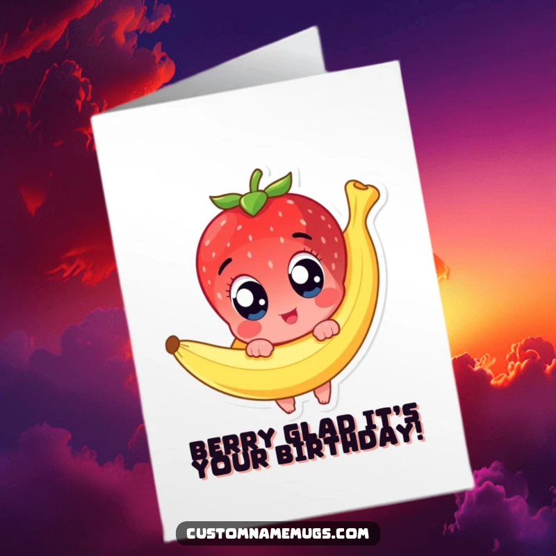 Funny Free Printable Birthday Card: Cute strawberry character with wide eyes slipping comically on a banana peel.