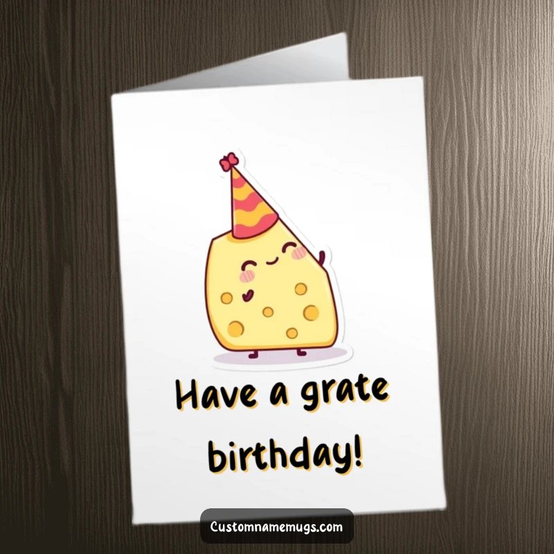 Funny Free Printable Birthday Card: Grinning cheese wedge precariously balancing a minuscule party hat on its tip.