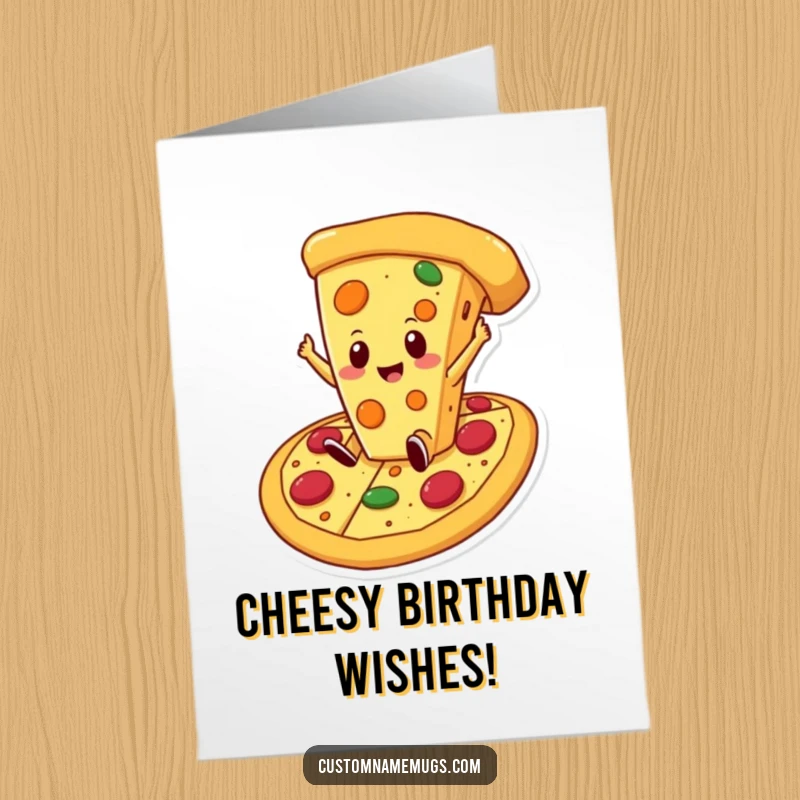 Funny Free Printable Birthday Card: Cheese slice proudly falling into a giant pizza, delicious cartoon.