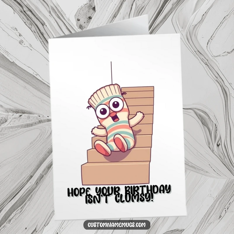 Funny Free Printable Birthday Card: Goofy sock character with mismatched eyes comically tumbling down stairs.
