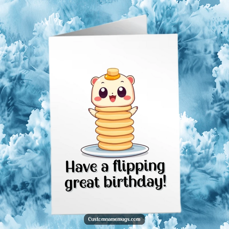 Funny Free Printable Birthday Card featuring a googly-eyed creature precariously balancing a huge tower of pancakes.
