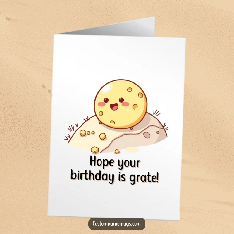 Funny Free Printable Birthday Card: Happy round cheese character comically rolls downhill, losing pieces.